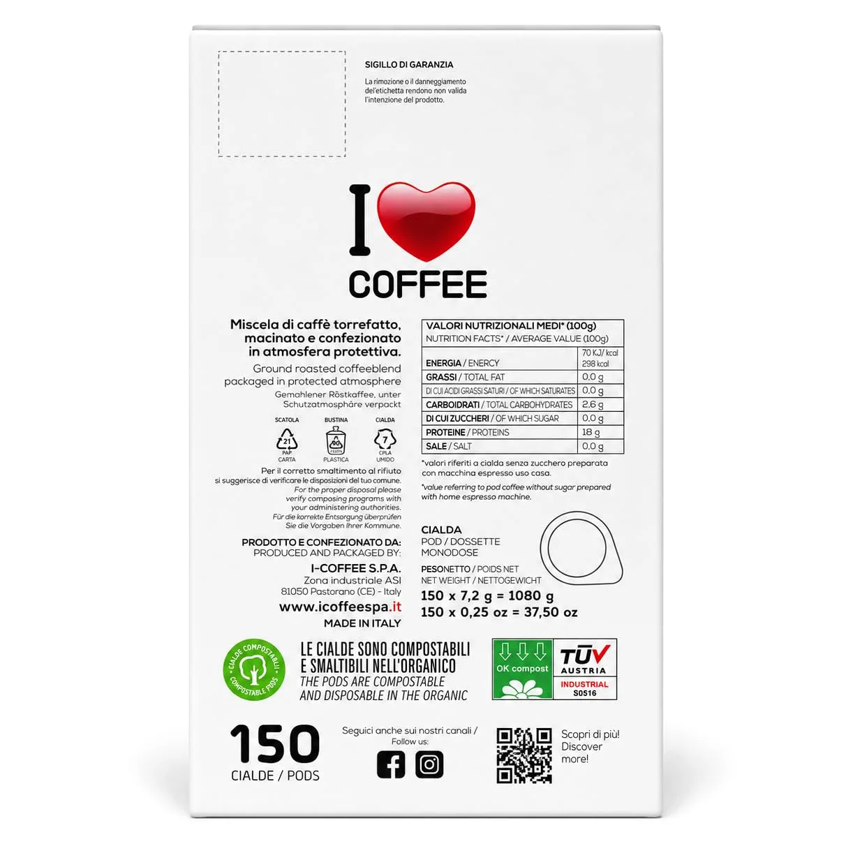 I Love Coffee Cialde Miscela Rossa, Box da 1050 Cialde