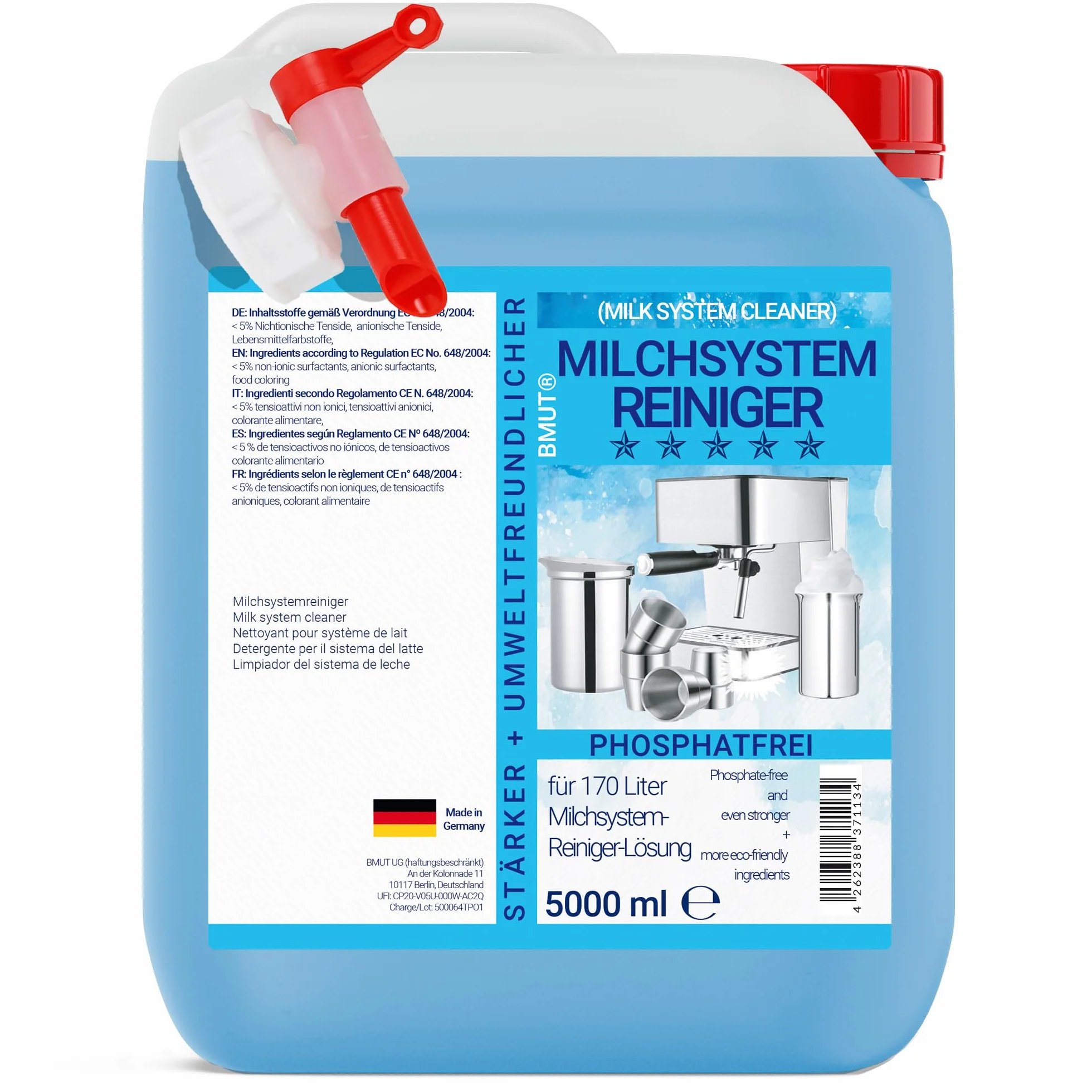 Tanica detergente per sistemi di latte da 5 litri, concentrato per macchina da caffè e beccuccio, detergente per schiuma di latte, detergente per latte, universale per tutti i produttori