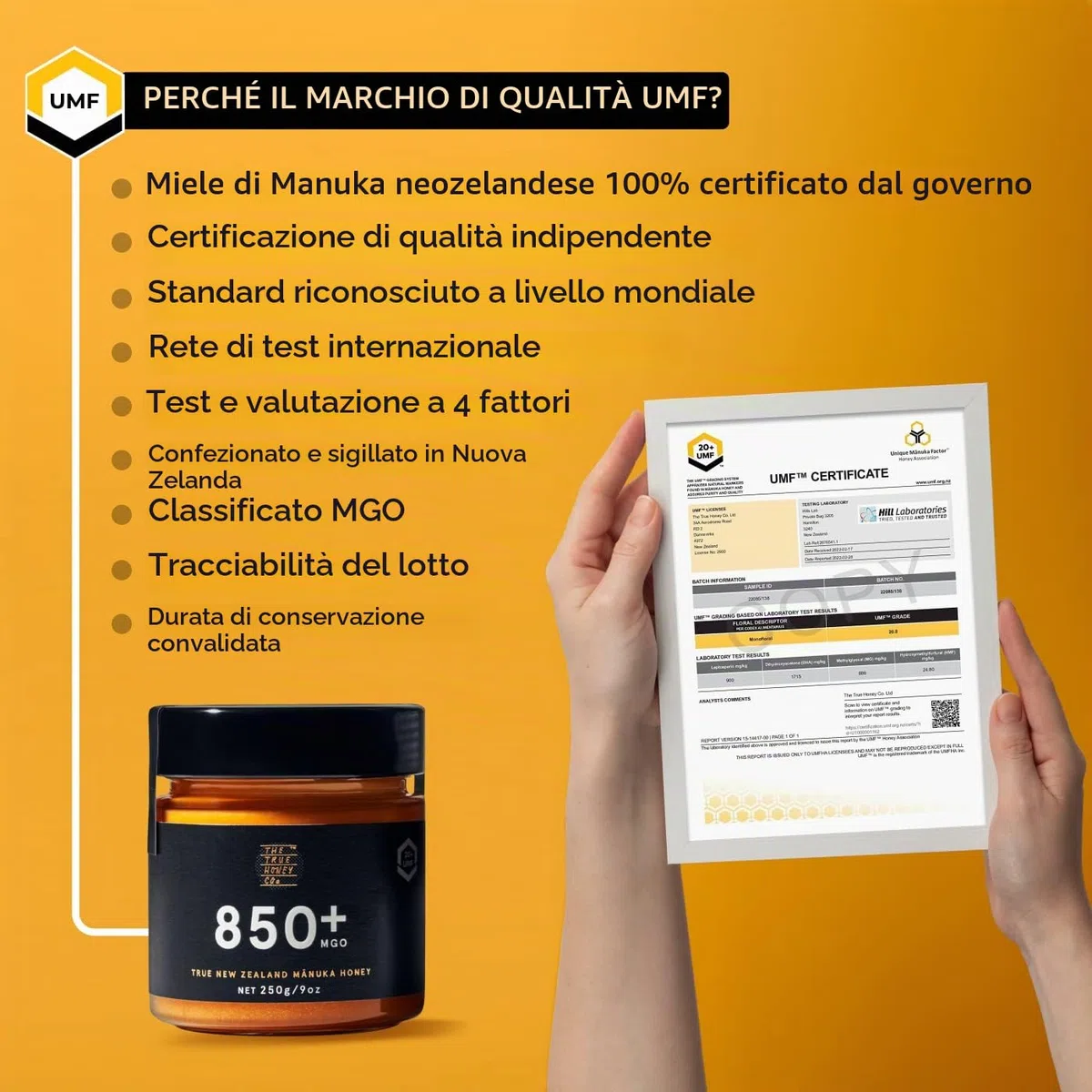 The True Honey Co. Manuka Miele MGO 850+ (UMF 20+) - 250 g - certificato UMF
