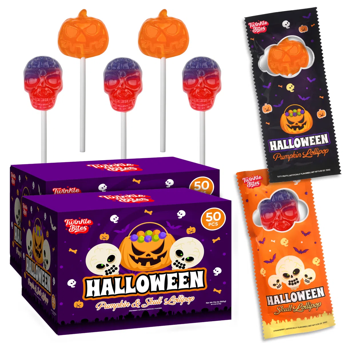 Confezione da 100 lecca-lecca di Halloween, confezionati singolarmente, a tema natalizio, zucca e teschio, dolcetto o scherzetto alla fragola e tutti frutti, deliziose caramelle per Halloween, grandi